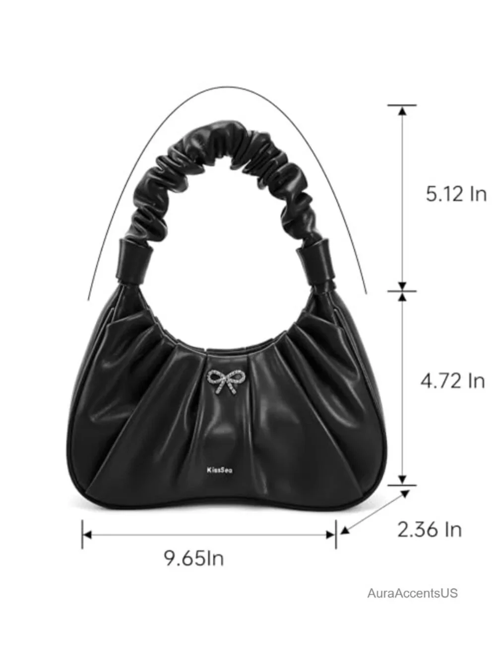 Crescent Ruched Hobo Bag with Rhinestone Bow - Soft Vegan Leather Shoulder Purse